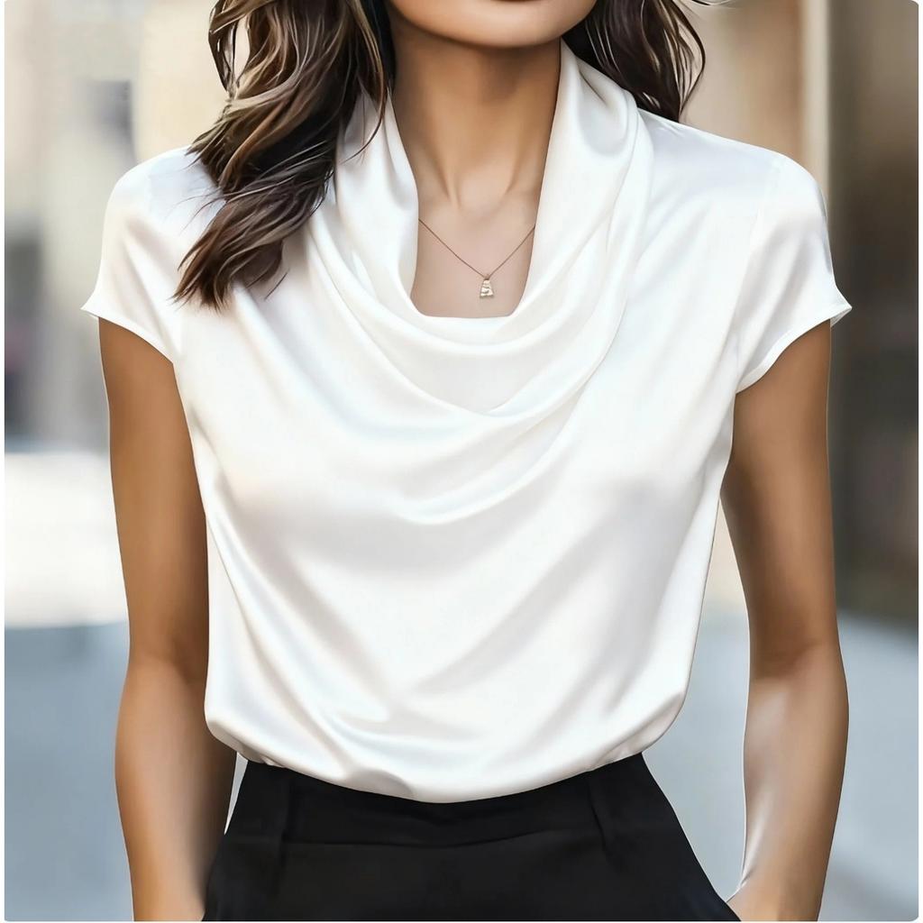 2026 Spring Autumn Office Draped Collar Flowy Short-Sleeve Blouse - Stylish Elegant Versatile 100% Polyester Women's Shirt