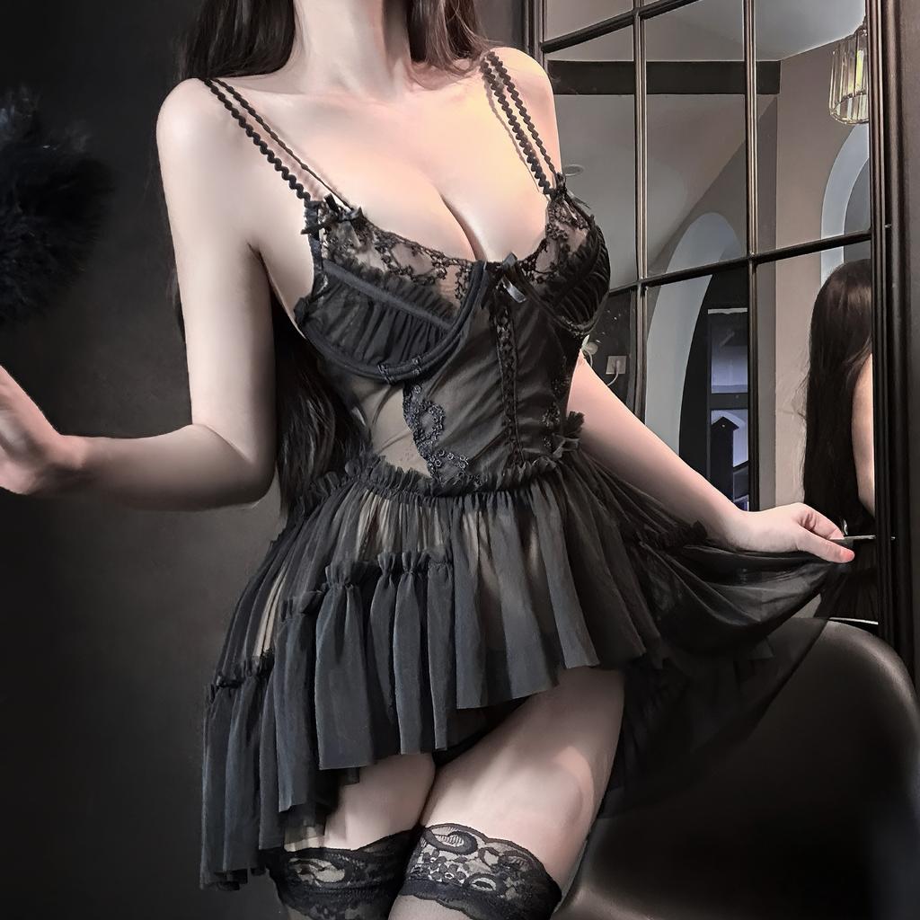 Sexy Underwear, Sexy Lace Embroidery Mesh, Perspective Beauty Back, Suspenders, Steel Brackets Gather Nightgown, Abstinence Women