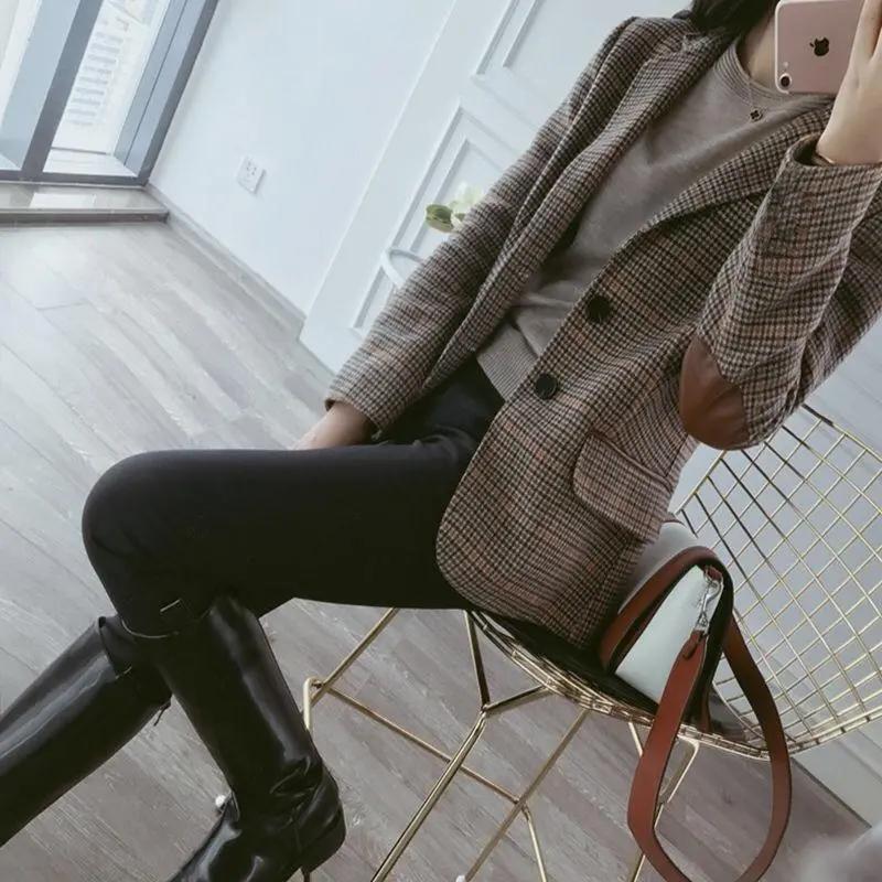 Women Spring British Style Plaid Blazer Lady Slim Patchwork Single Breasted Business Outwear