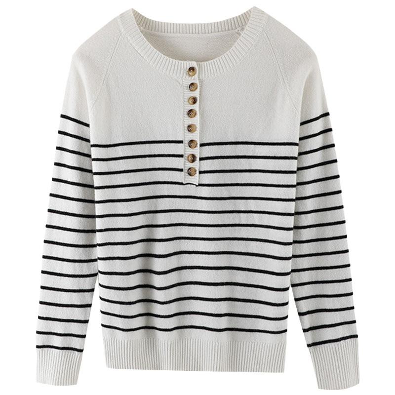Crew Neck Bottoming Shirt Women's Autumn and Winter Loose and Versatile Sweater Striped Skin-friendly Warm Top