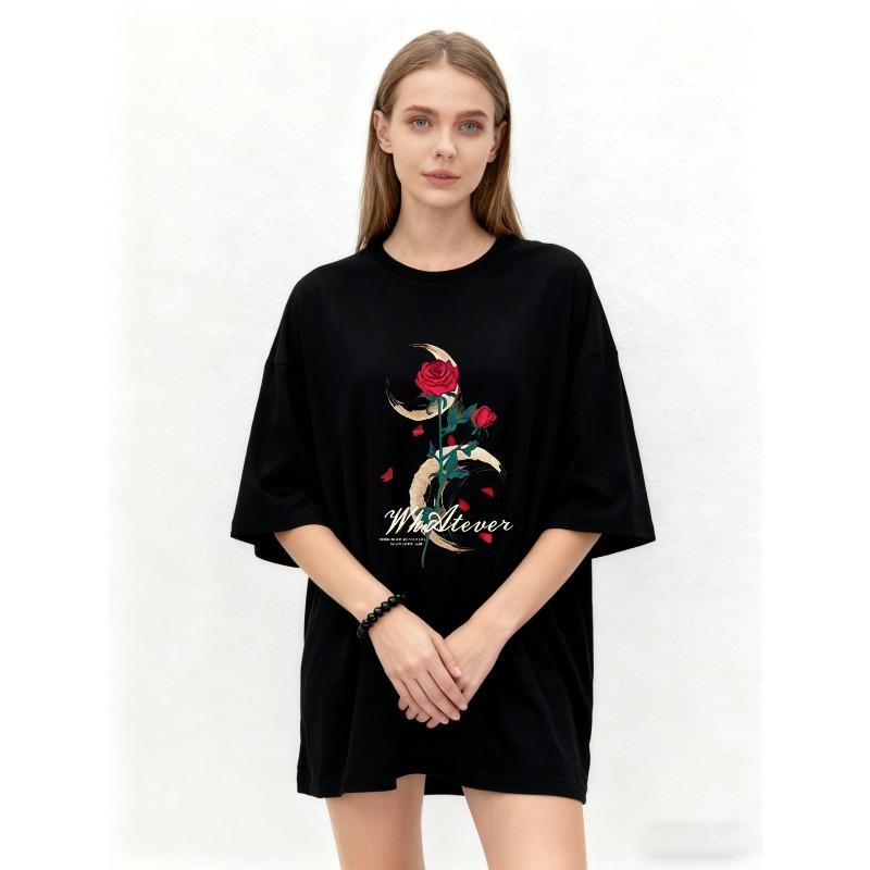 Oversized T Shirt Black Rose Moon Pattern Whatever Text Print Casual Streetwear Fashion Top Women Summer Wear