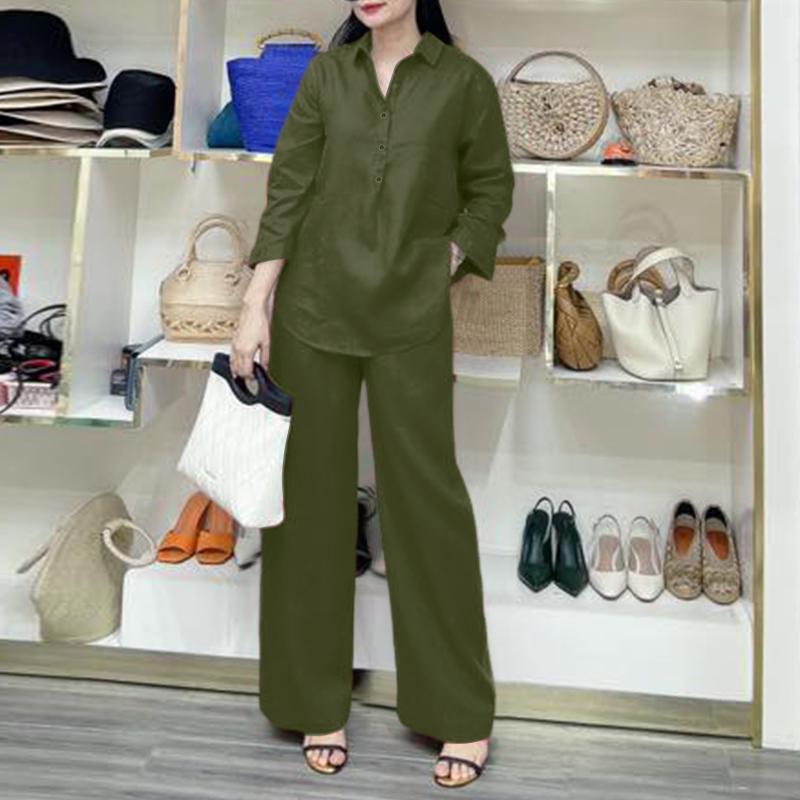 

ZANZEA Женская блузка с длинным рукавом и брюки повседневный комплект из двух частей 5XL армия зеленый