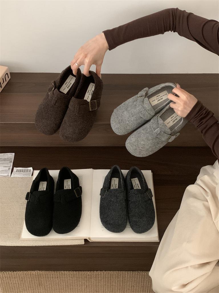 Retro Round Head Wool Woolen Velvet Birkenstocks Women's Winter Lazy People Pedal Thermal Cotton Ladyshoes Ugly Cute Big Head Shoes