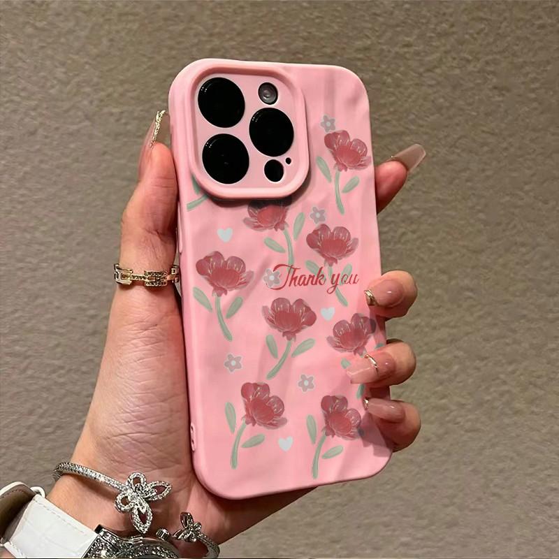 Surface Wrinkles and Unevenness Phone Shell Red Flowers Floral Printed Protective Matte TPU Cover Soft Silicone Case