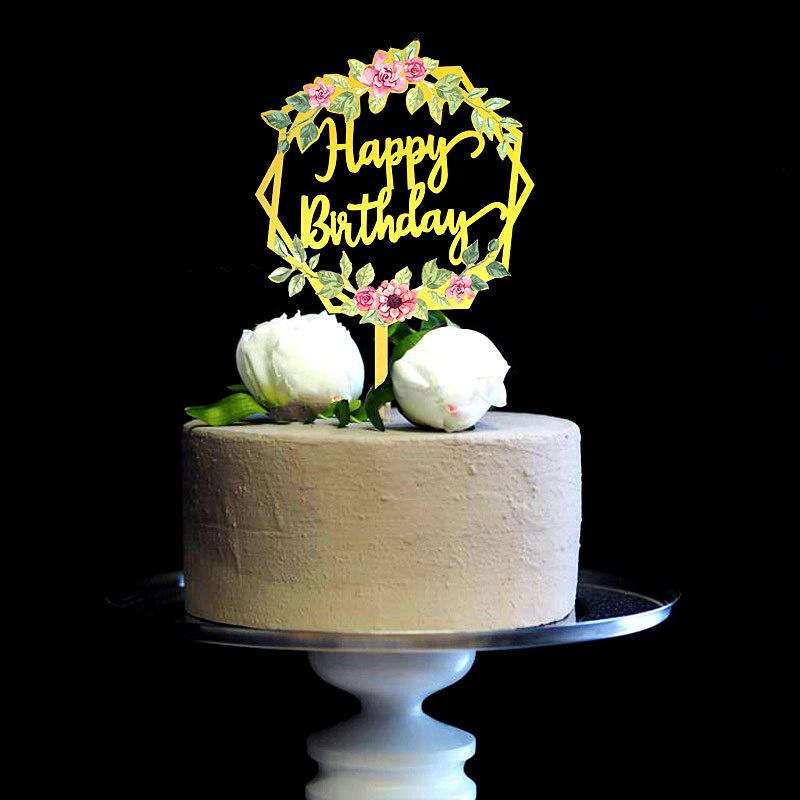 Neuer farbiger Blumen Happy Birthday Tortenaufsatz Goldener Acryl Geburtstagsparty Dessert Dekoration für Babyparty Backzubehör