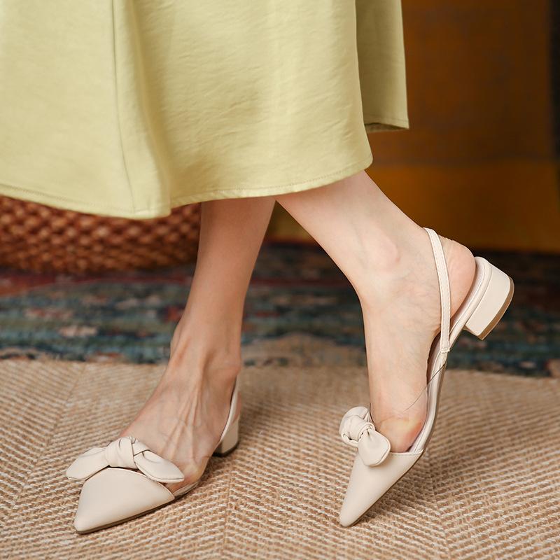 Women's Temperament Sandal 2024 Summer New Fashion Elegant Black Pointed Thick Heel Anti-Slip Comfort Butterfly Knot Women Shoes