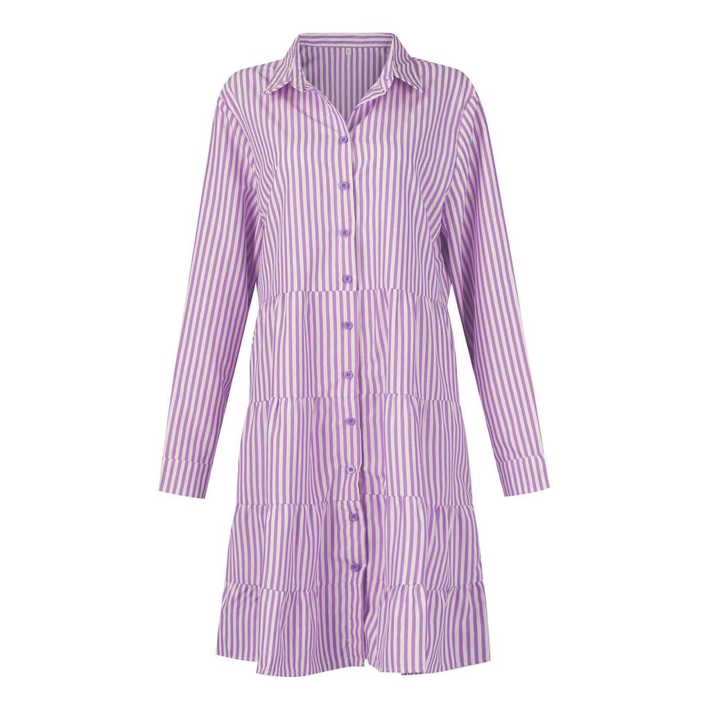 Y2K Women Striped Long Sleeve Mini Dresses Commuter Lapel Single-Breasted Shirt Dress Fashion Hem A-Line Party Dress