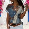 Women Plus Size Patchwork Denim Print Short Sleeve Shirt V Neck Button Up Casual Loose Blouse For Daily Holiday Wear