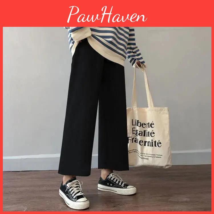 Cusual Women Summer Spring Pants Anklelength Loose Wide Leg Elastic High Waist Black Simple Comfortable Elegant Ladies