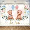 Double Bear Shower Background - Pink and Blue Floral Gender Disclosure Party Decoration, Balloon, Rose, and Gold Decorations