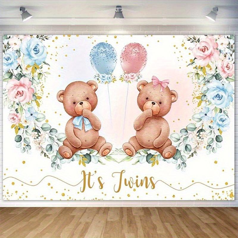Double Bear Shower Background - Pink and Blue Floral Gender Disclosure Party Decoration, Balloon, Rose, and Gold Decorations