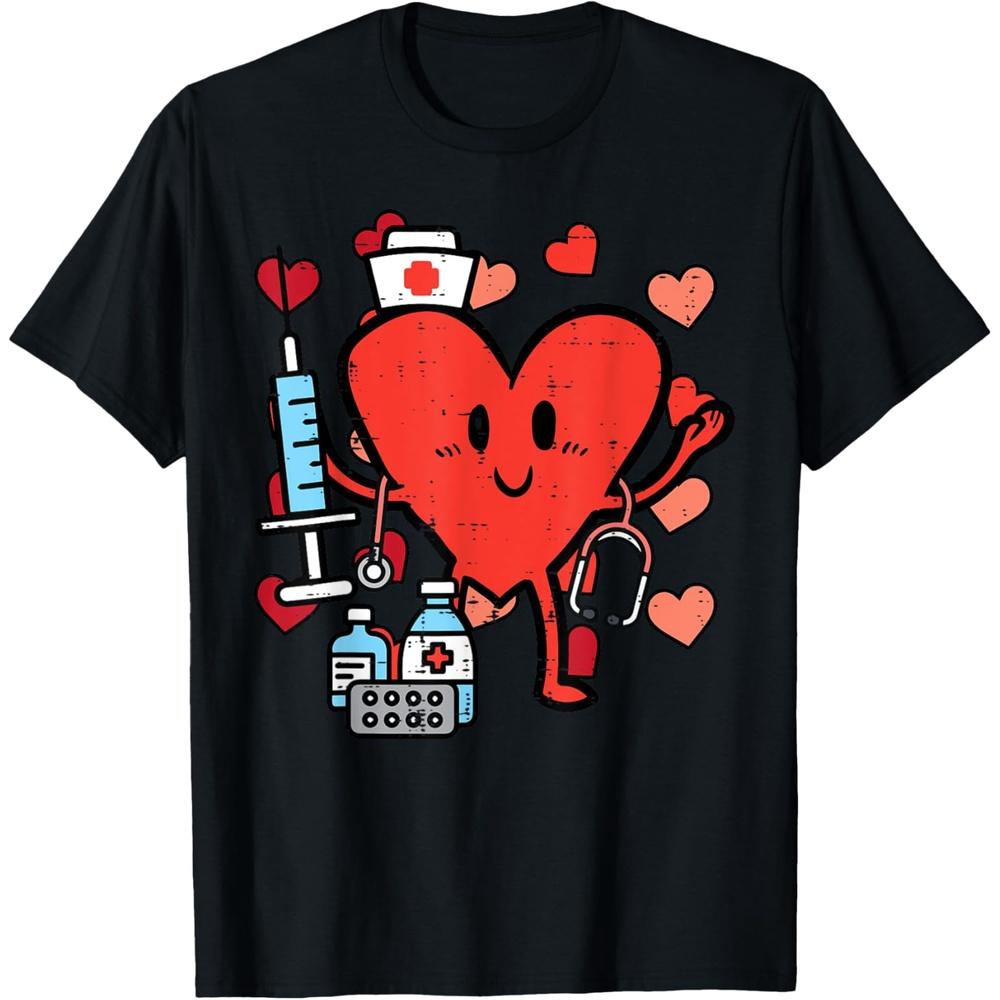 Valentines Day Nurse Heart Funny Nursing Scrub Top RN Women T-Shirt S