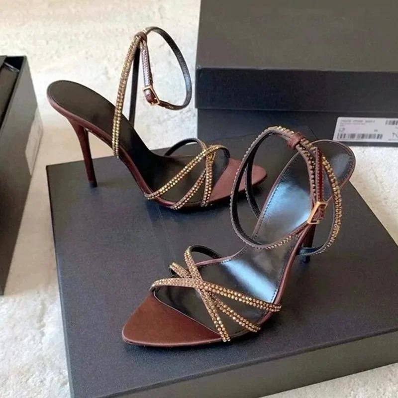 Women's Crystal High Heel Sandals Summer Sexy Pointed Toe Stilettos Brown Satin Rhinestone Ankle Strap Party Wedding Shoes