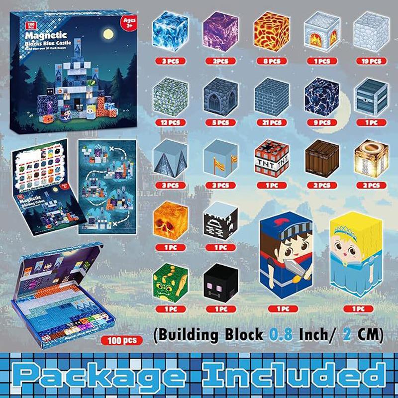 Non-Toxic 100Pcs Educational Diy Block Set Innovative 3D Puzzle Products Blue Castle Magnetic Magic Cube Building Blocks Toys For Kids