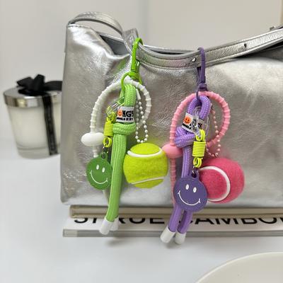 Bunte Lachendes Gesicht Großer Tennis Schlüsselanhänger Kreatives Schultaschen Anhänger Silikon Binde Seil Dekoration Anhänger Geschenk Grün/Lila