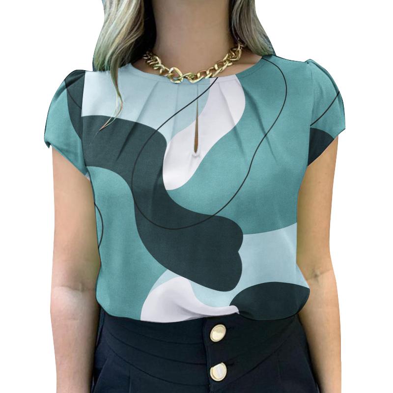 

ZANZEA Женская летняя блузка с круглым вырезом и коротким рукавом L синий