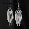 Retro Handmade Miao Silver Fringed Earrings Inlaid Turquoise Long Earrings Female Exotic Yunnan Dance Earrings