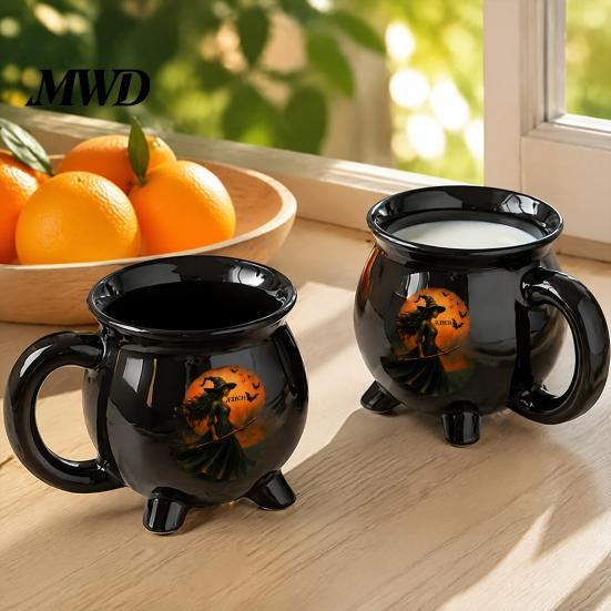 Decorazione Casa Magica Stregoneria Tazza Caldaia Strega di Halloween, 350ml Pentola Magica Vintage Gotica a 3 Gambe, Barattolo Contenitore da Scrivania per Ufficio Gatto Nero Ceramica