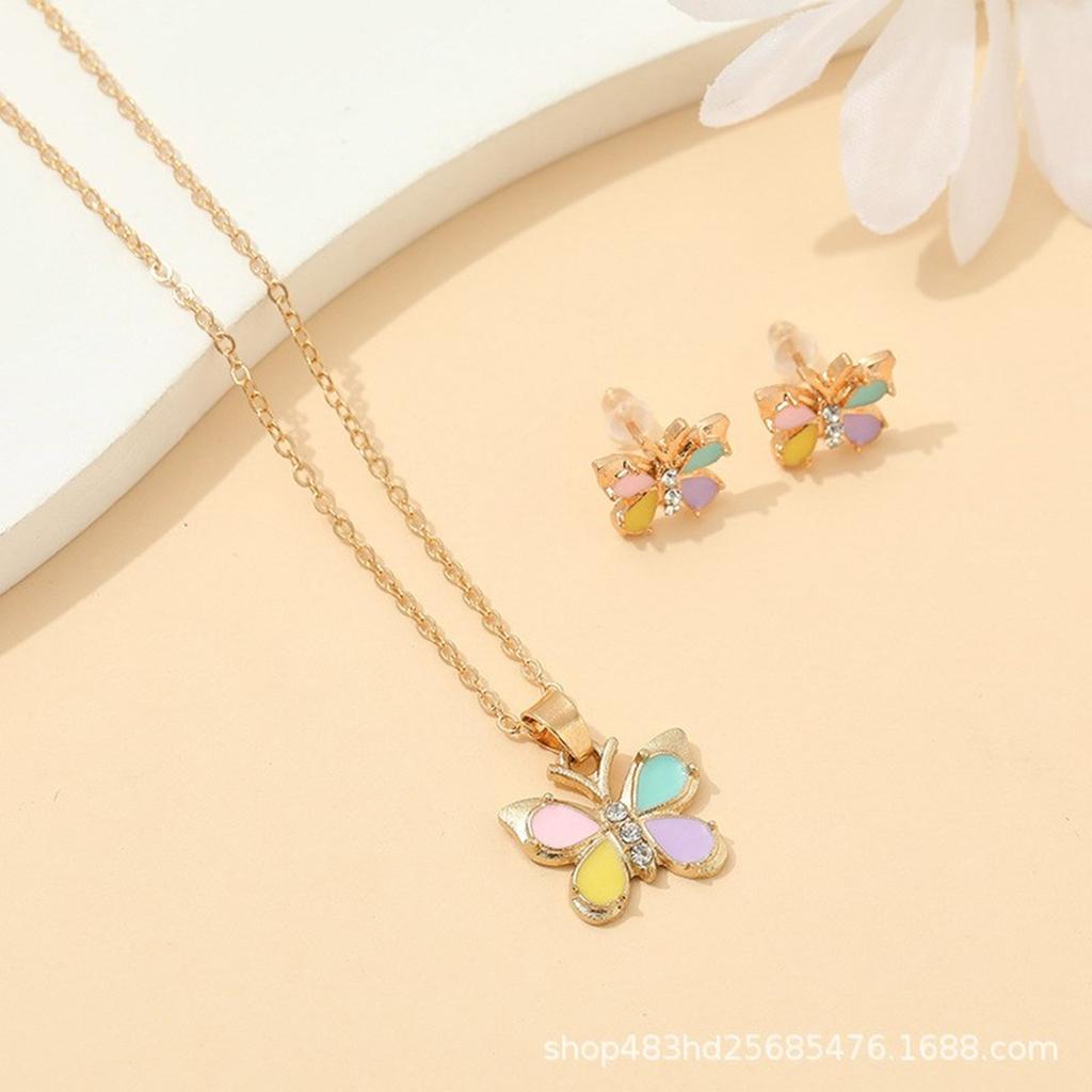 Butterfly Heart Necklace Earrings Set for Kids Vibrant Colors Jewelry Accessory Stylish Handmade Women Accessories