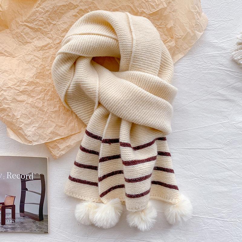 Striped Knitted Wool Scarf Women's Winter Red Hairball Scarf Warm Cute Girl Birthday Gift