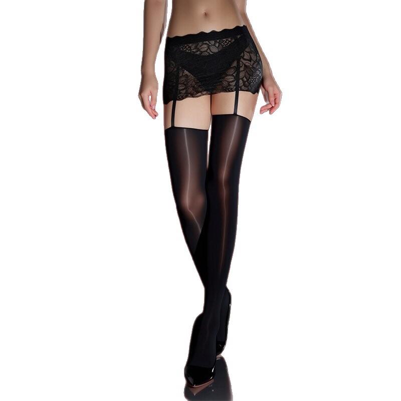 New lace transparent bodycon dress with integrated suspenders and glossy stockings for women, sexy long stockings with silky allure