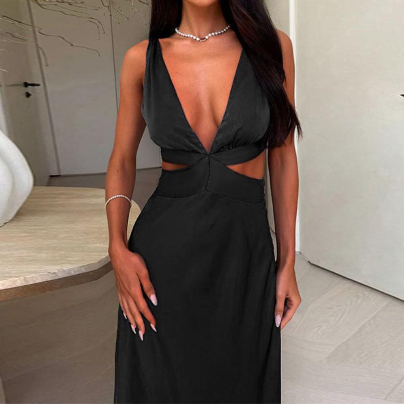 Europäisches und amerikanisches sexy Temperament Hängender Nackenriemen Slim Fit Einfarbiges Kleid für Damen