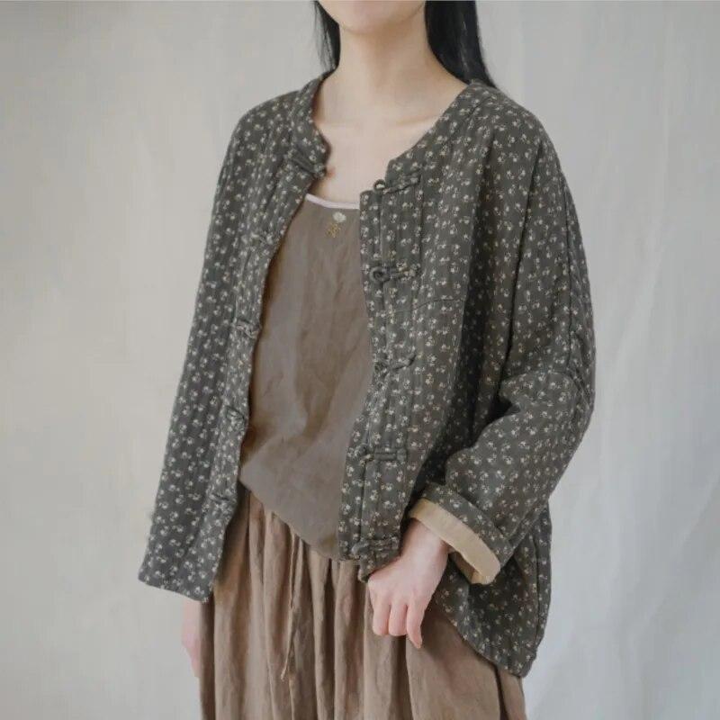 Johnature Mulheres vintage primavera jaquetas de algodão botão suporte casacos estilo chinês manga longa impressão floral jaquetas femininas