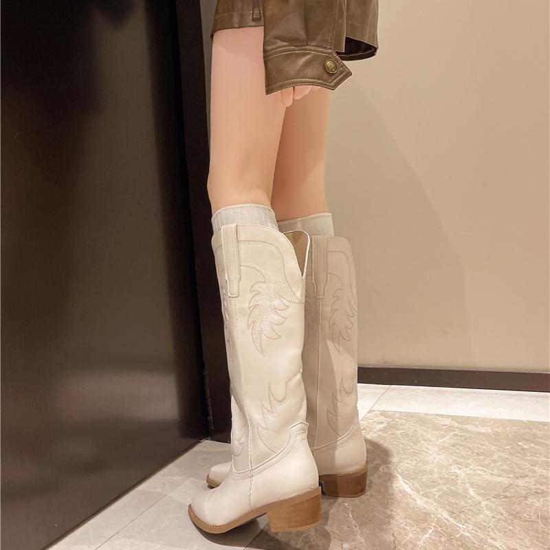 Fashion New Spring and Fall Fashionable Pointy Solid Color Women's Mid-calf Boots with Mid-heel Sleeves Embroidered Western Cowboy Boots