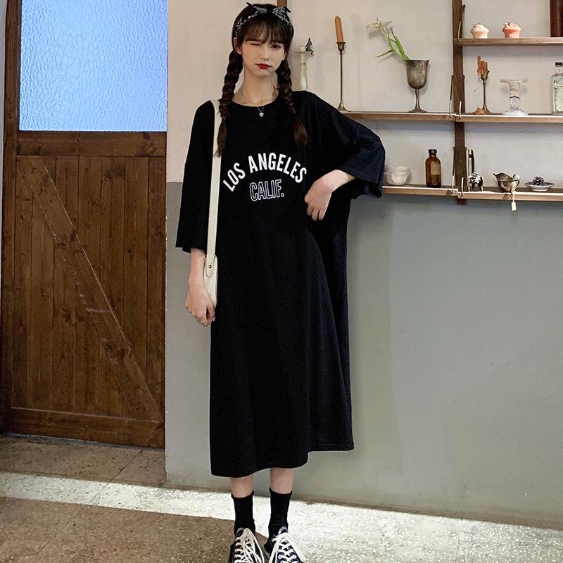 Women's Korean Style Cotton Short-Sleeve Loose Casual Plus Size Long Dress for Summer Maternity and Nightwear