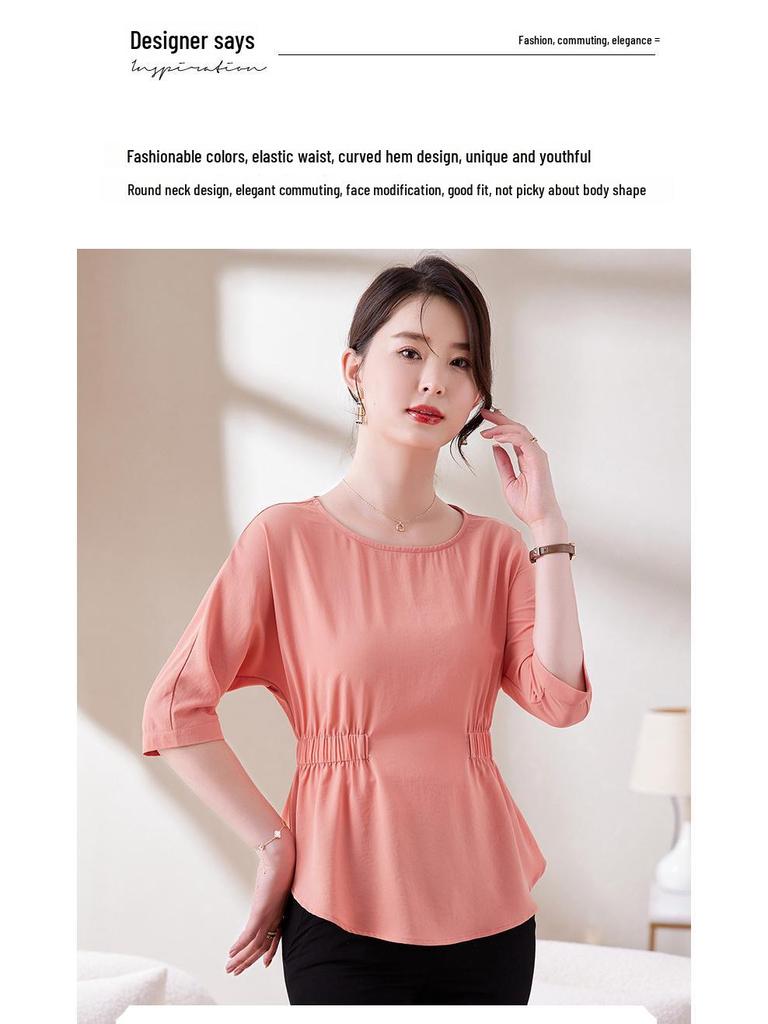 Chic Women's 2025 Slim Fit Pleated T-Shirt: Round Neck, Flattering Waist, Summer Style