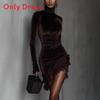 European Style Velvet Turtleneck Dress With Lace Hem For Evening Parties