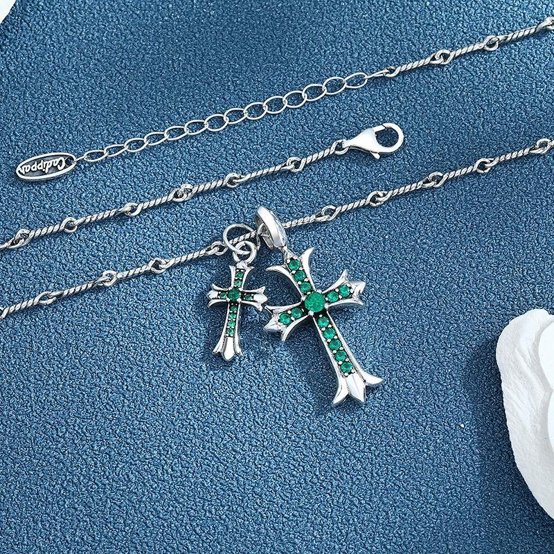 S925 Sterling Silver Green Zirconium Double Cross Pendant for Men and Women Trendy Sweet Cool Style Niche Ins Hip Hop Sweater Chain Necklace for Women