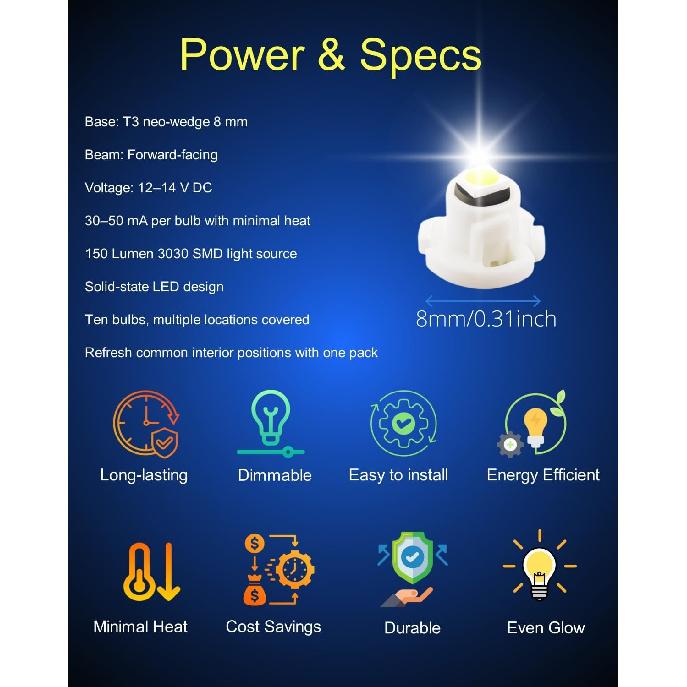 WLJH 10x Blue T3 Neo Wedge Led 3030 SMD Chip 8mm Base Car trument Cluster Light Dashboard Gauge HVAC AC Heater Climate Control Lamps Switch