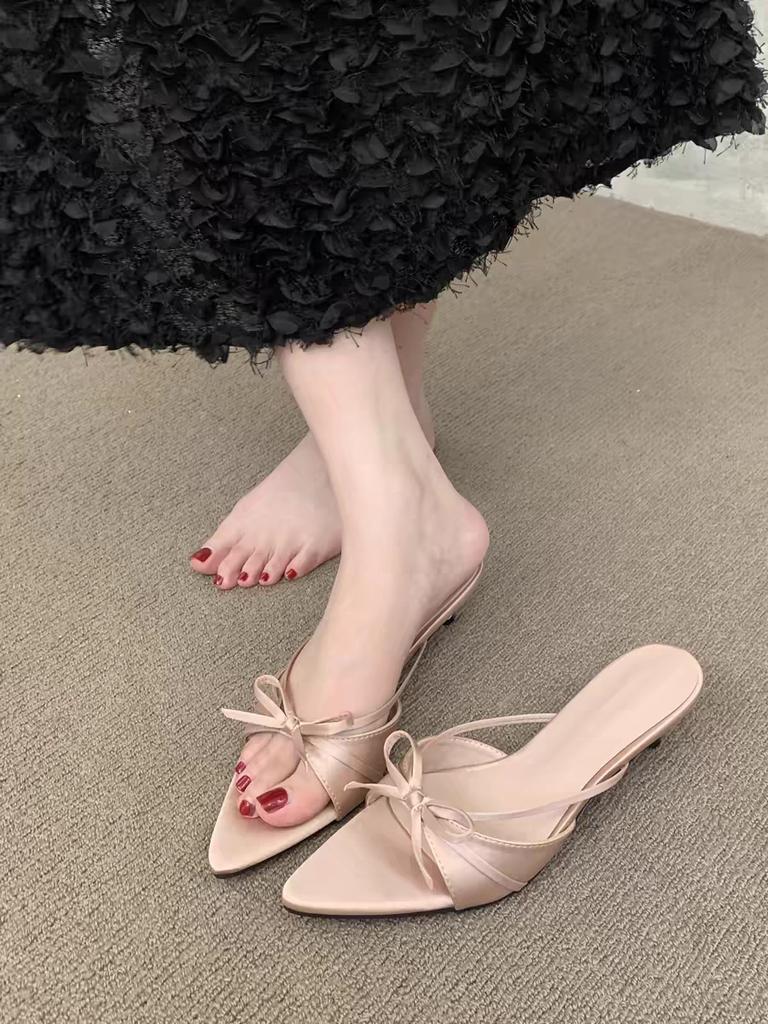 2025 summer new satin pointed head fish mouth high heels thin heel sexy word outside wear cool slippers half drag