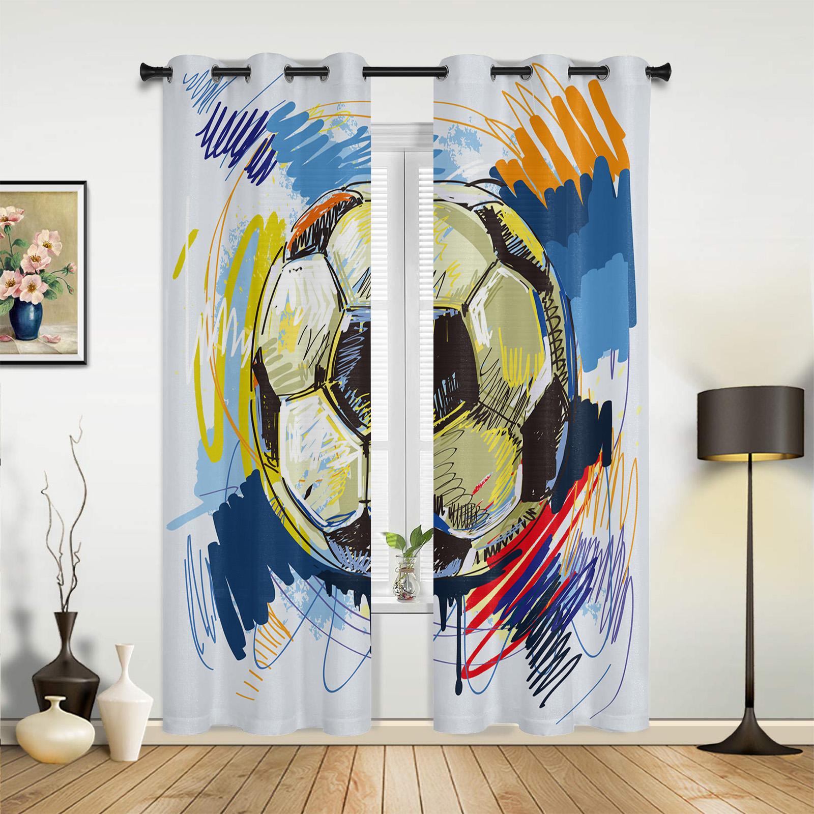 Voetballen Voetbal Ontwerp Blauwe Gordijnen Raambehandeling Gordijnen Raamgordijnen Voor Woonkamer Slaapkamer Kinderkamer Woondecoratie Small W50H60(CM)x2&Hook