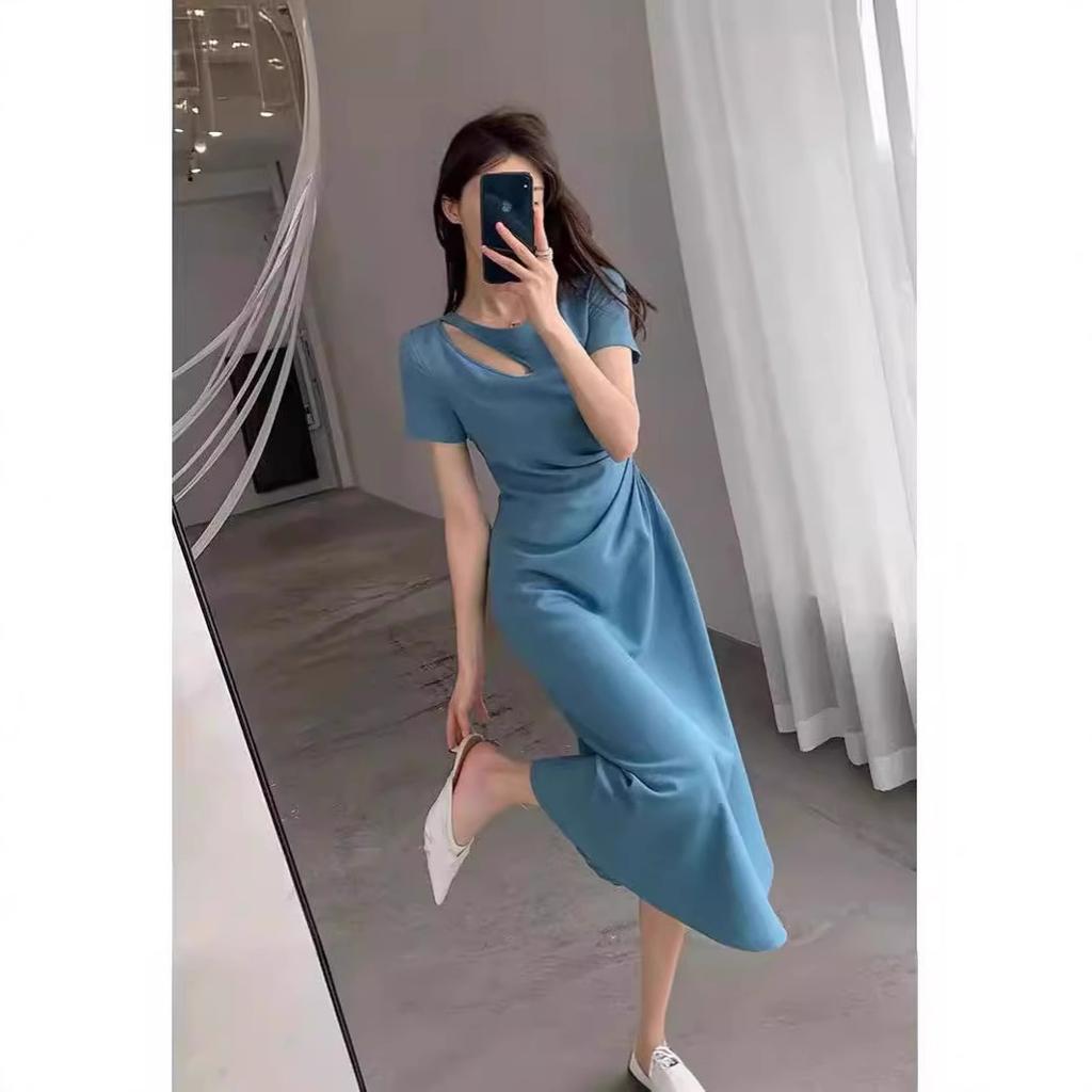 Women's Round Neck Short Sleeve Midi Dress Slim Mid Waist Hollow Cutout Ruched Side A Line Elegant Hepburn Style Summer Long Dress
