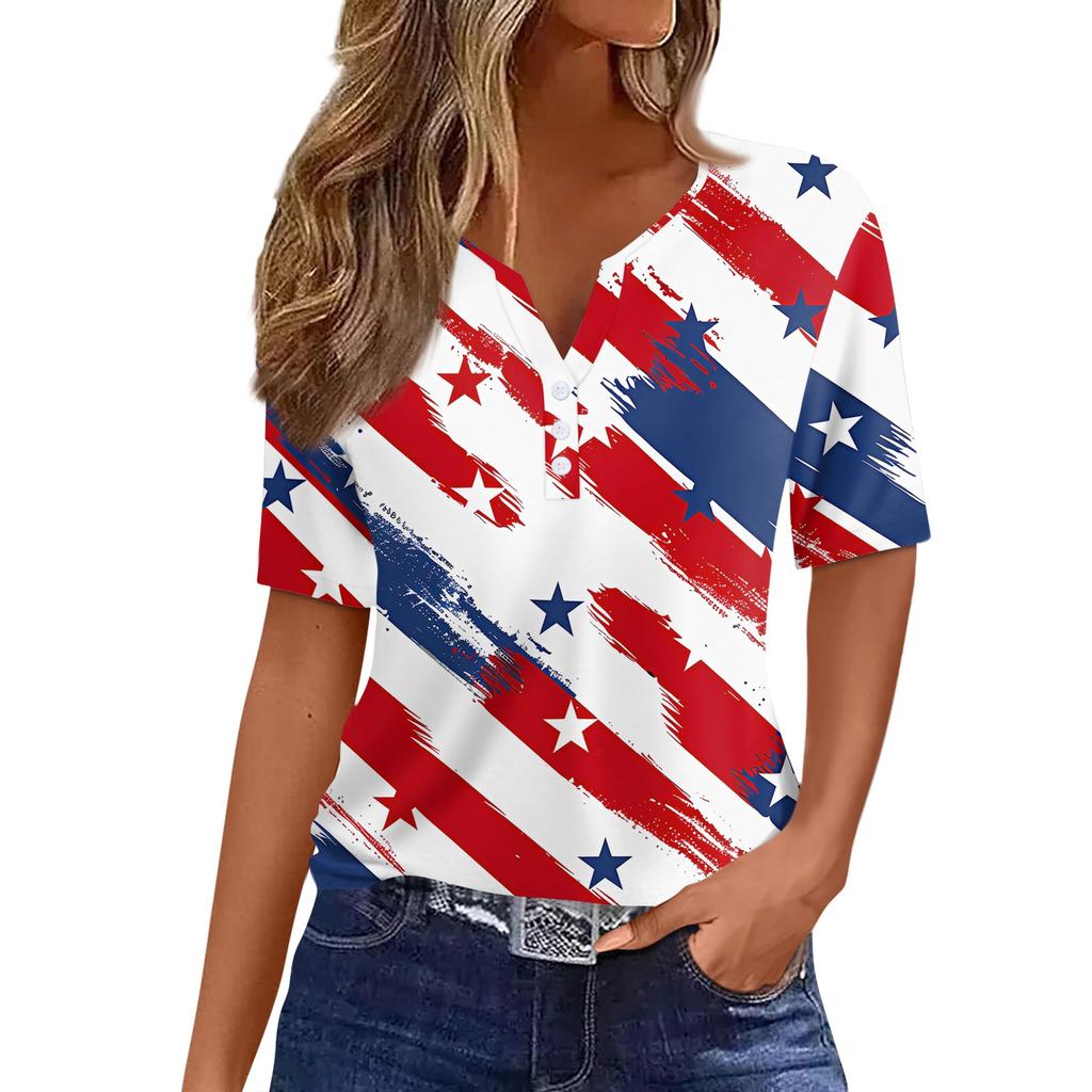 Women's T Shirt Independence Day Print Button Short Sleeve Daily Weekend Fashion Basic V- Neck Regular Top