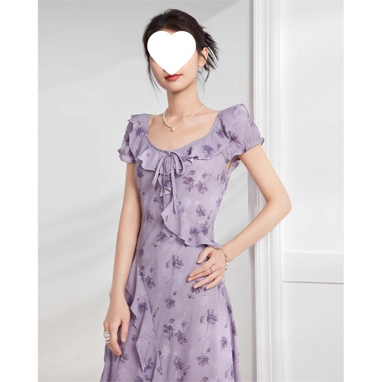 Elegant French Floral Slimming Long Dress for Summer 2026 S фиолетовый