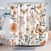 1 Botanical Floral Shower Curtain with Orange, White and Cream Flowers, Delicate Butterflies and Green Leaves