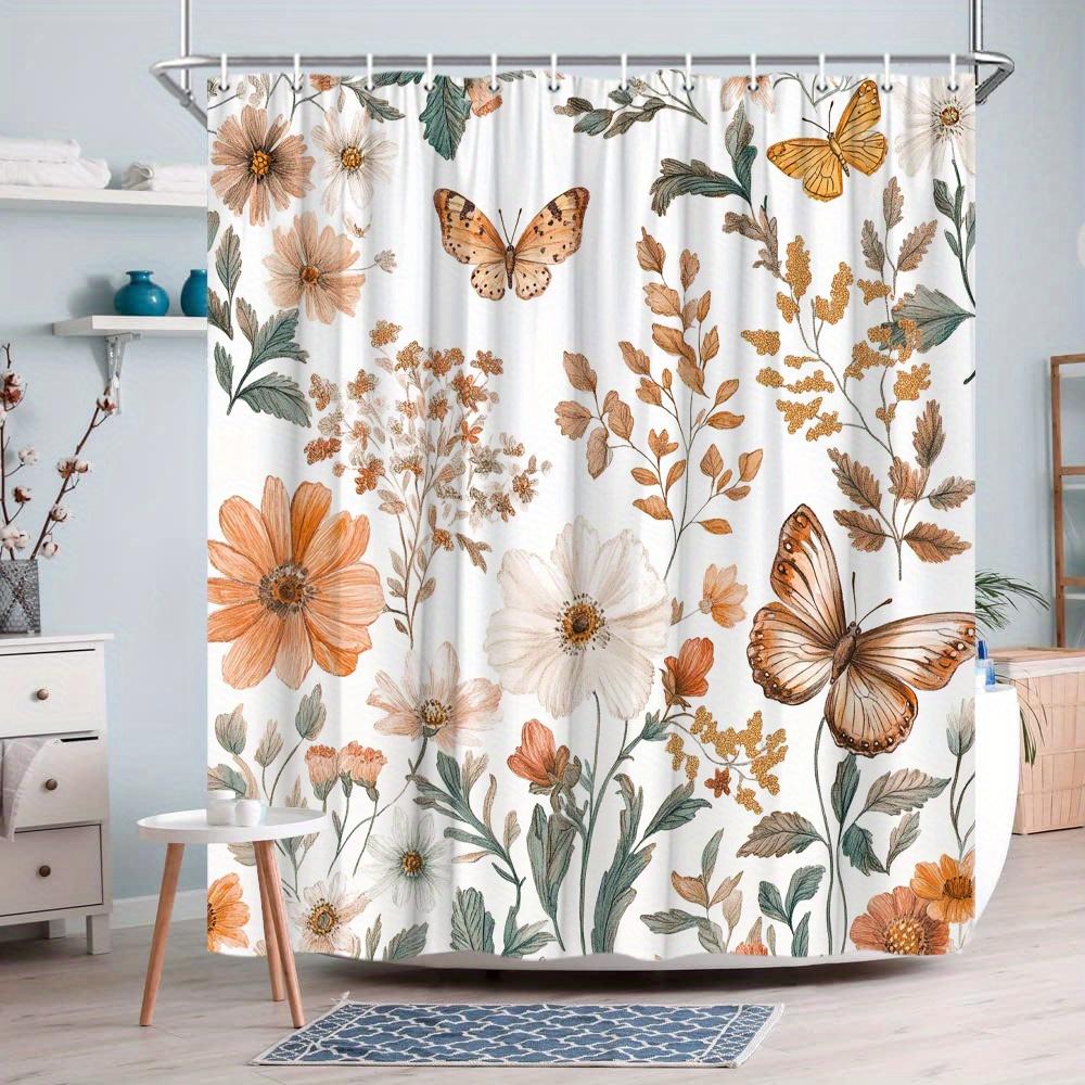 1 Botanical Floral Shower Curtain with Orange, White and Cream Flowers, Delicate Butterflies and Green Leaves
