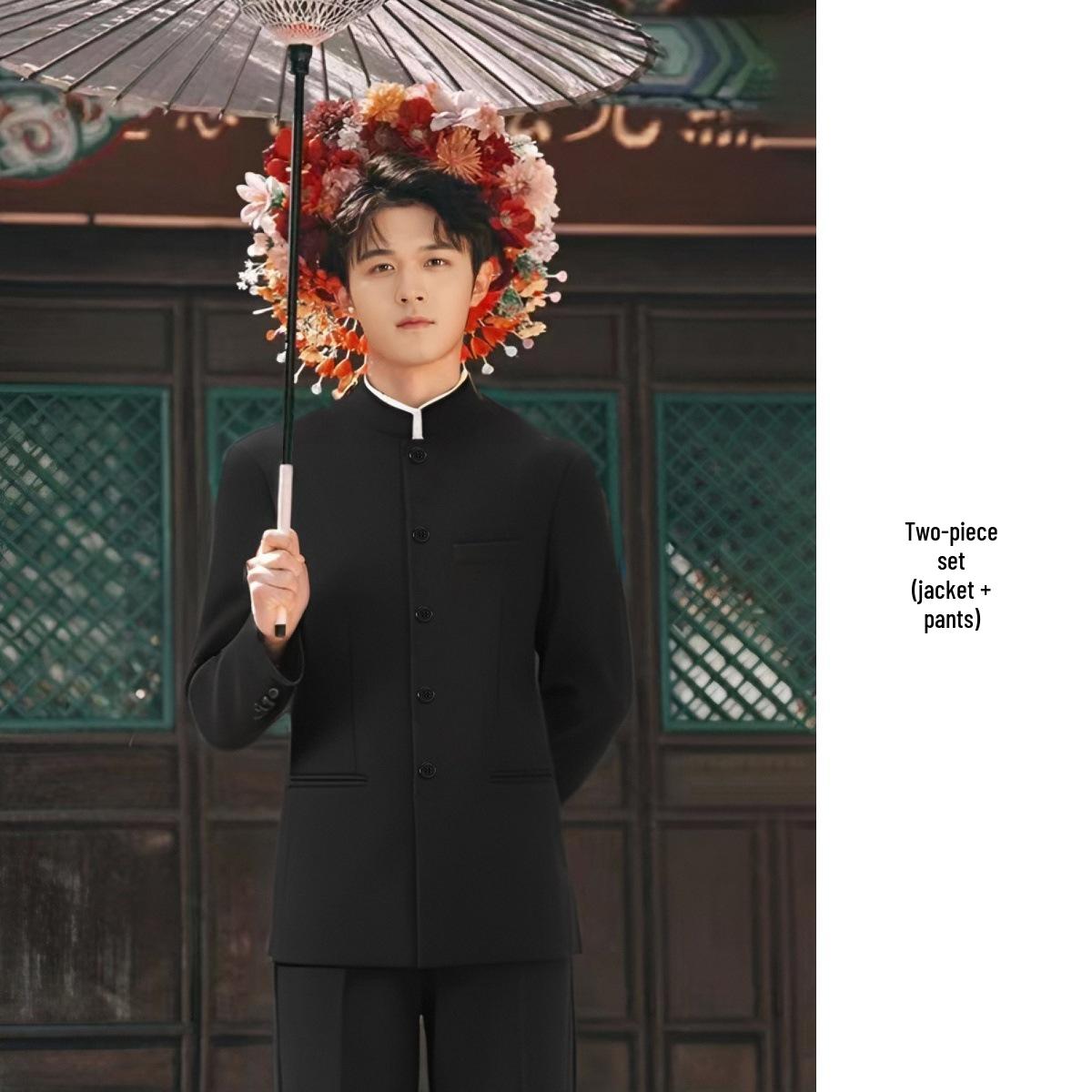 Men s Chinese Style Stand-up Collar Wedding Suit Set 185A