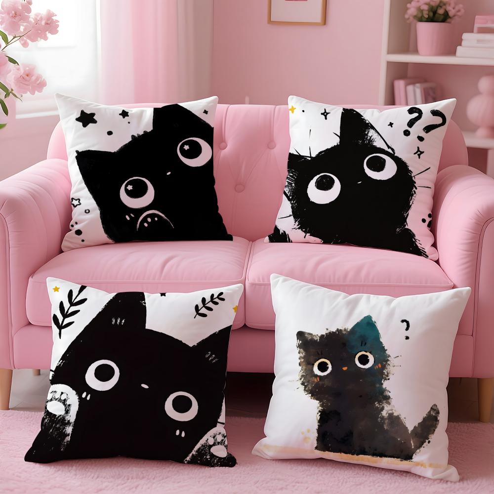 Creative Cute Minimal Art Black Kitten Cat Head Cushion Cover Pillow Case Soft Skin Friendly Fabric  Concealed Zipper