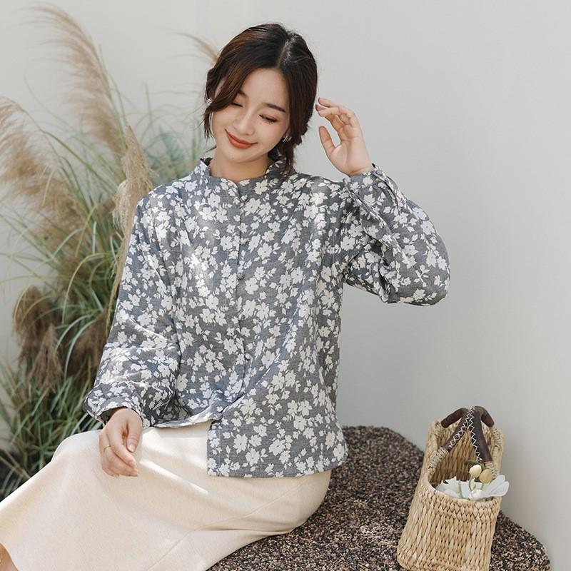 Johnature Women Vintage Shirts Tops Print Floral Stand Long Sleeve Autumn Blouses Button Shirts