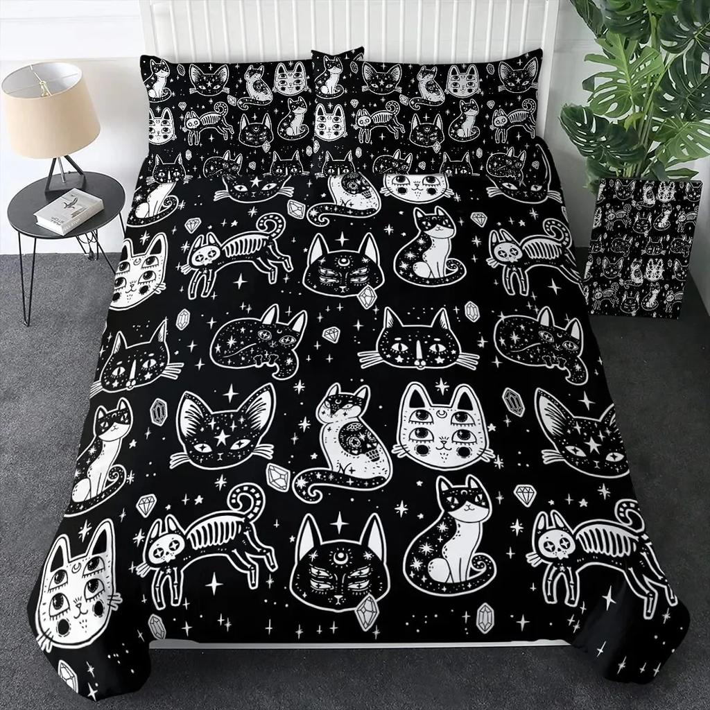 Witch Black Cat Duvet Cover Set Full Vintage Gothic Cat Sitting on Moon Bedding Set for Halloween Decor