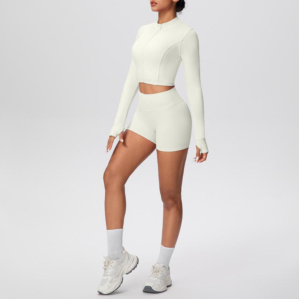 Women's High-Waisted Yoga Set: Short Zipper Jacket & Hip-Lifting Shorts