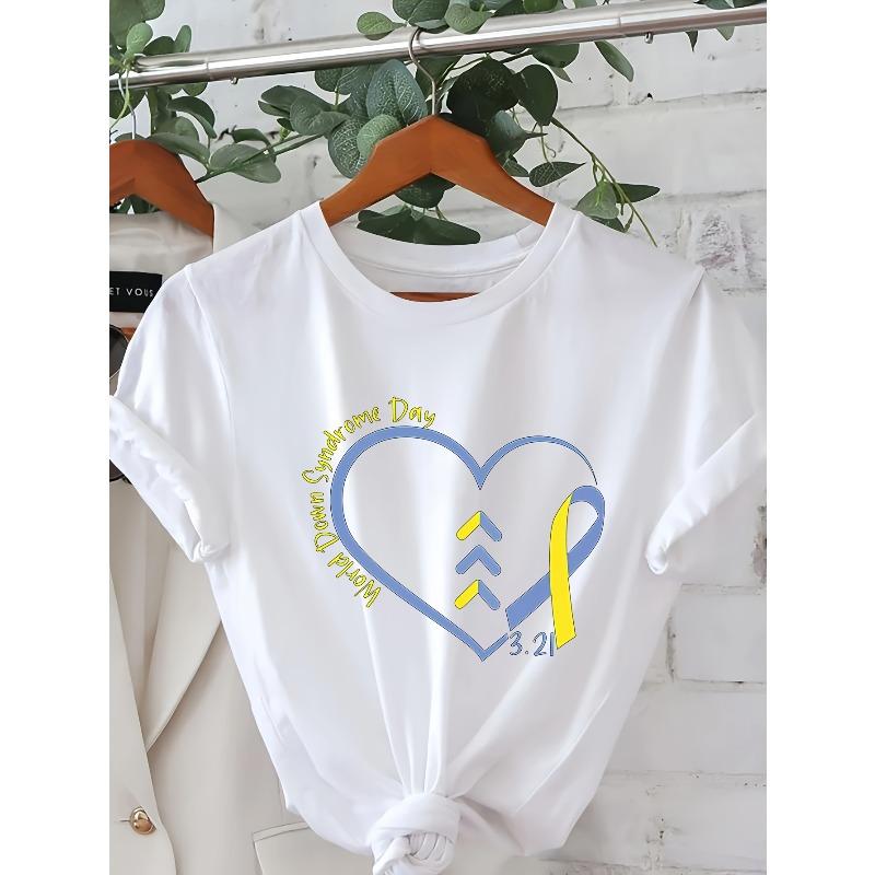 

[Syndrome Awareness T-Shirt] Women s Syndrome Awareness T-Shirt - Heart & Ribbon Graphic, Casual Crew Neck Short Sleeve Top, Beige, Smooth Texture, S белый