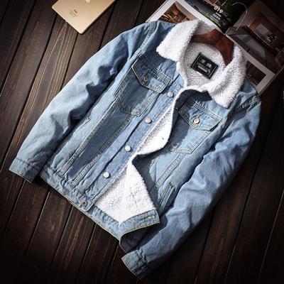 Trendige Herren Lammfellwolle Denimjacke in heller Farbe - Koreanischer Stil, Oversized, mit Samt gefüttert, Verdickter Wintermantel