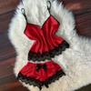 Women V-Neck Eyelash Lace Sexy Stain Camisole Pajamas Bowknot Shorts Set