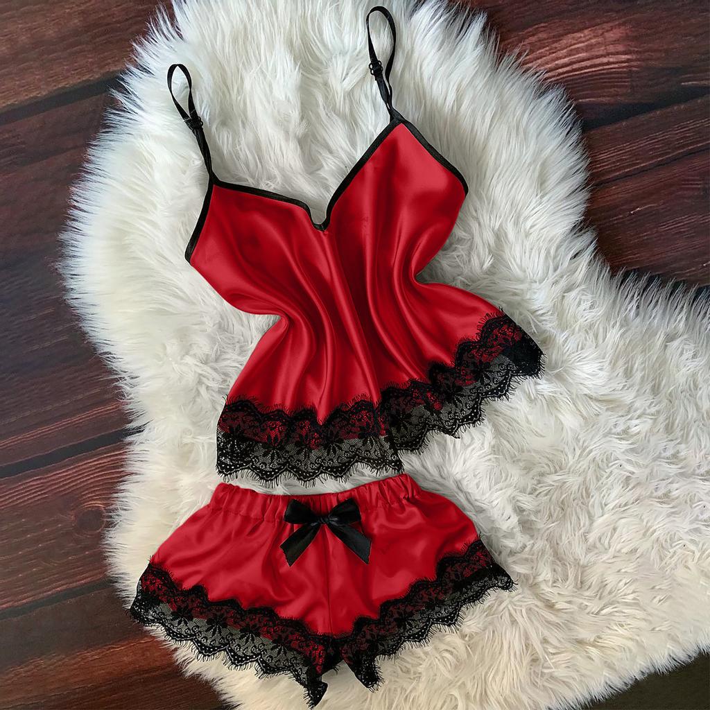 Women V-Neck Eyelash Lace Sexy Stain Camisole Pajamas Bowknot Shorts Set