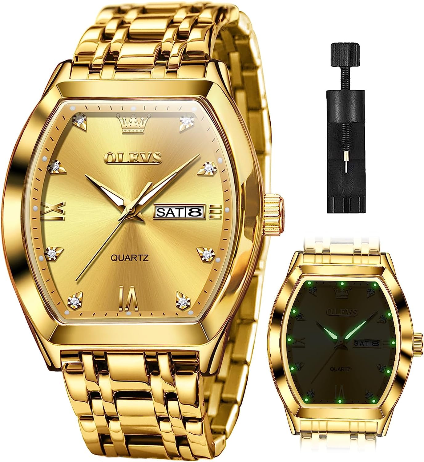 

Мужские бизнес-часы OLEVS, квадратные, водонепроницаемые, люминесцентный кварцевый механизм, отображение даты, золотые